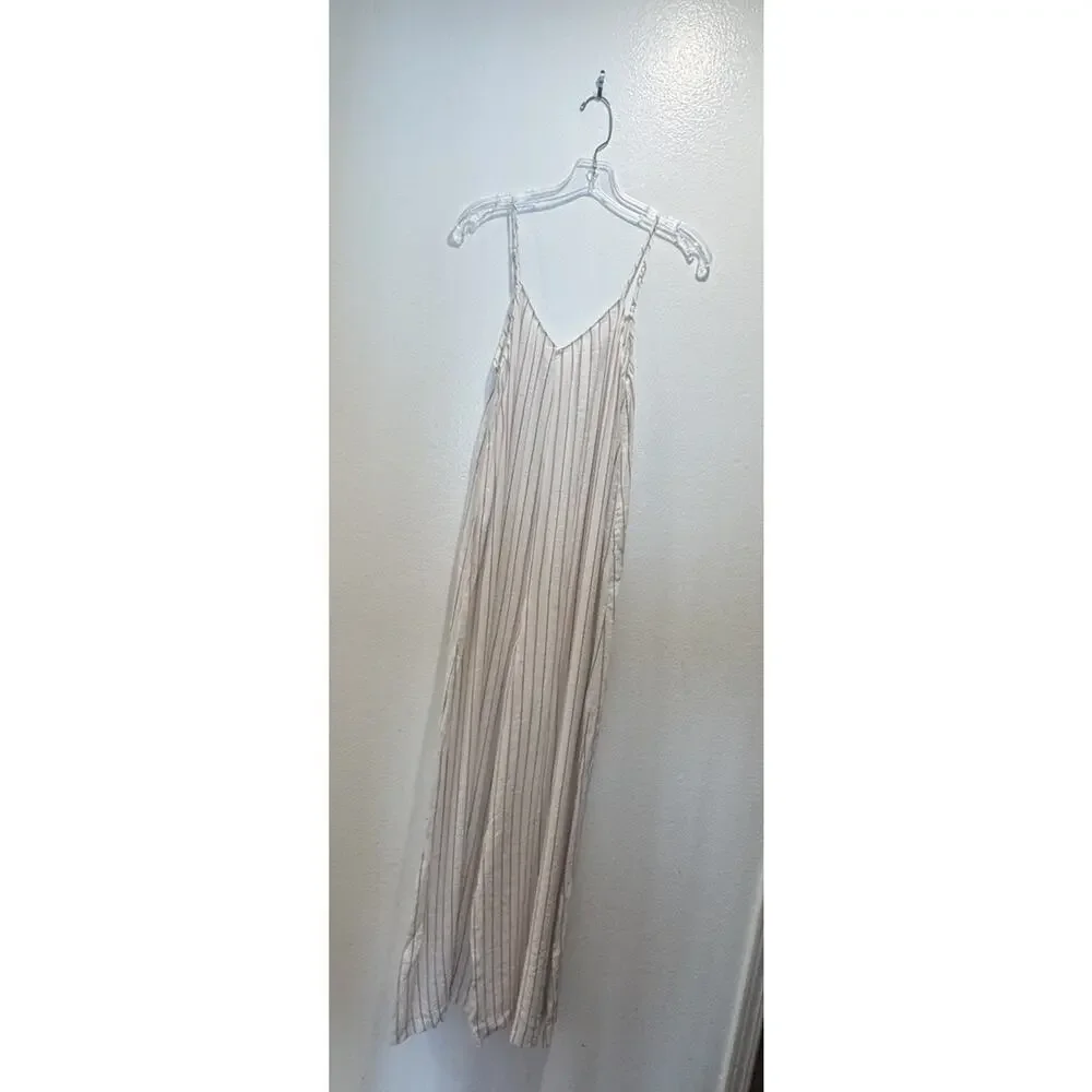 Zara TRF Striped Jumpsuit Womens Size Medium Linen Blend Off White Pink Wide Leg